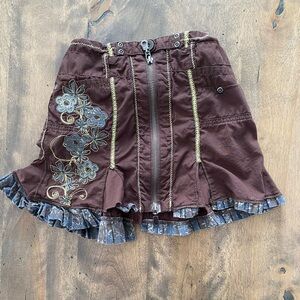 Embroidered Brown Skirt with Floral Design